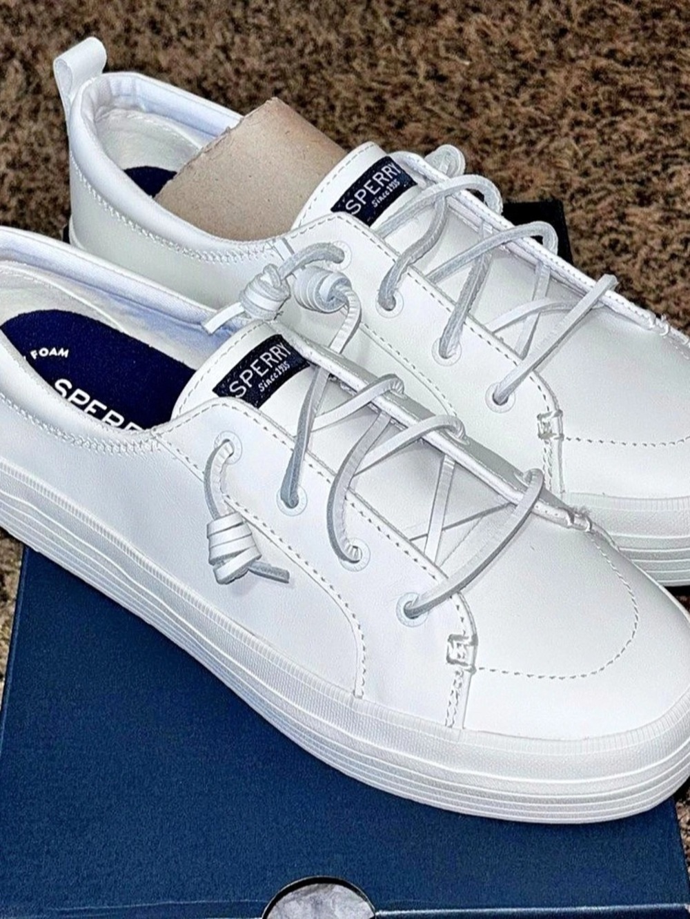 Sperry Crest Vibe Leather Sneakers White Women's 8.5 Rawhide Laces Memory foam